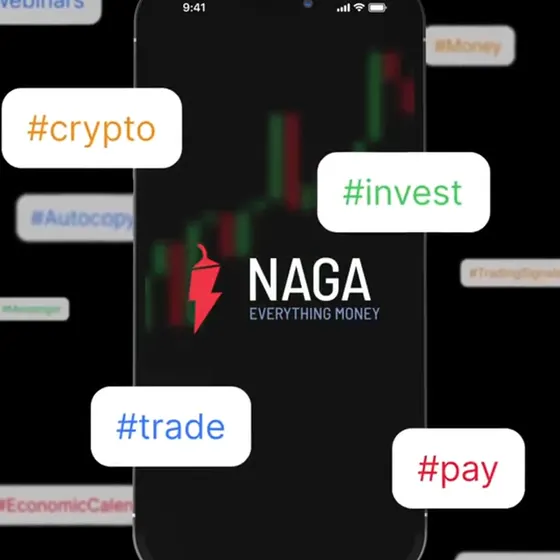 La app de NAGA con etiquetas de cripto, inversión y trading